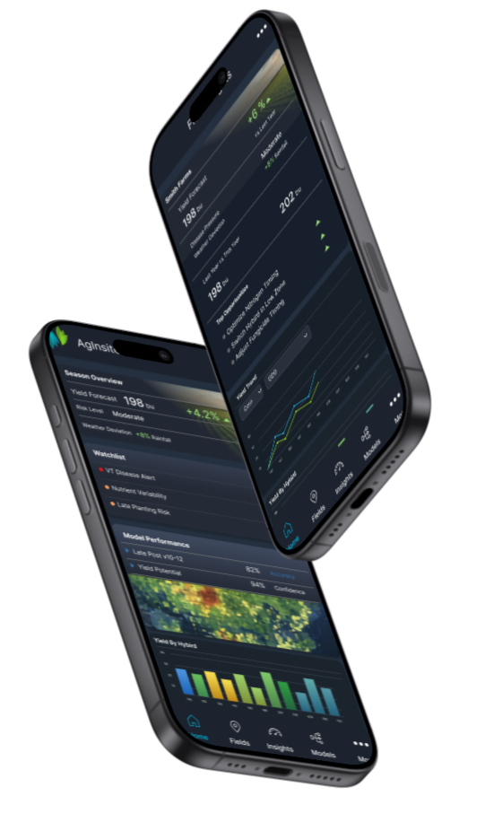 AgInsites mobile product interface shown on two phones